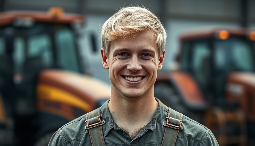 Traditionelle Landwirtschaft auf Amrum: smiling young farmer with machinery.