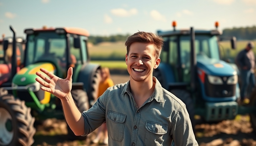 Friendly young farmer at Hof fest with tractors, Landwirtschaft auf Amrum