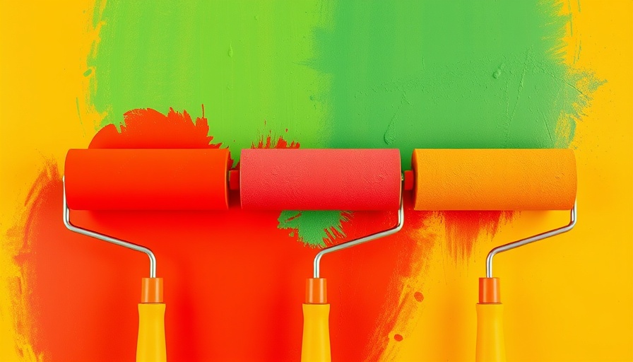 Colorful paint rollers on a wall with green, red, orange patches