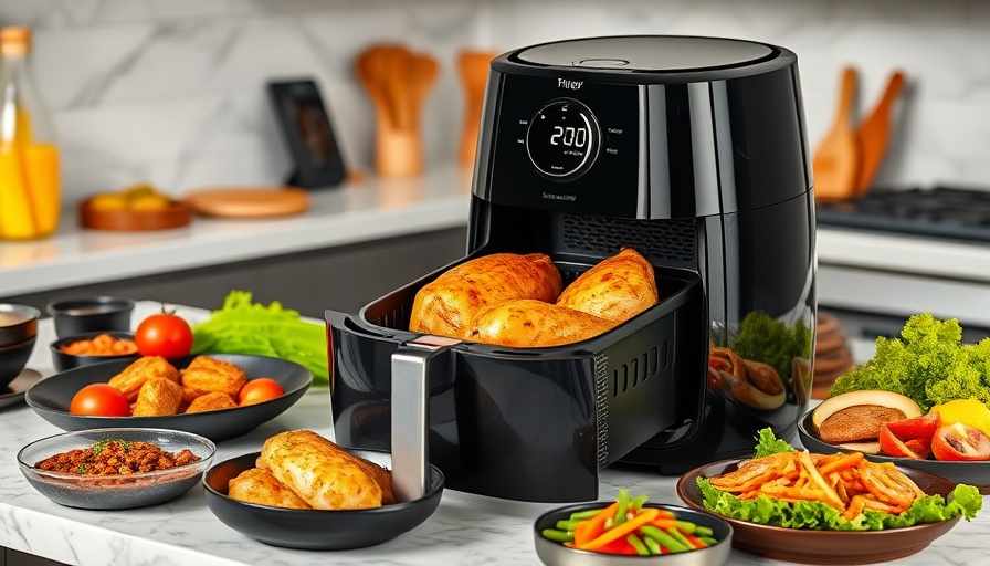 Ninja Küchengeräte Angebote: air fryer with chicken and dishes on marble countertop.