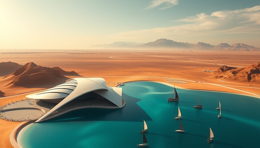 Futuristic structure 'The Line' through desert with lagoon, Stopp für das Mega-Projekt „The Line“