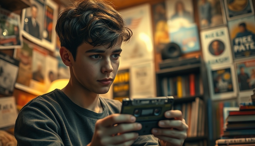 Curious man examines cassette tape, surrounded by posters. The Most mysterious Song on the Internet.