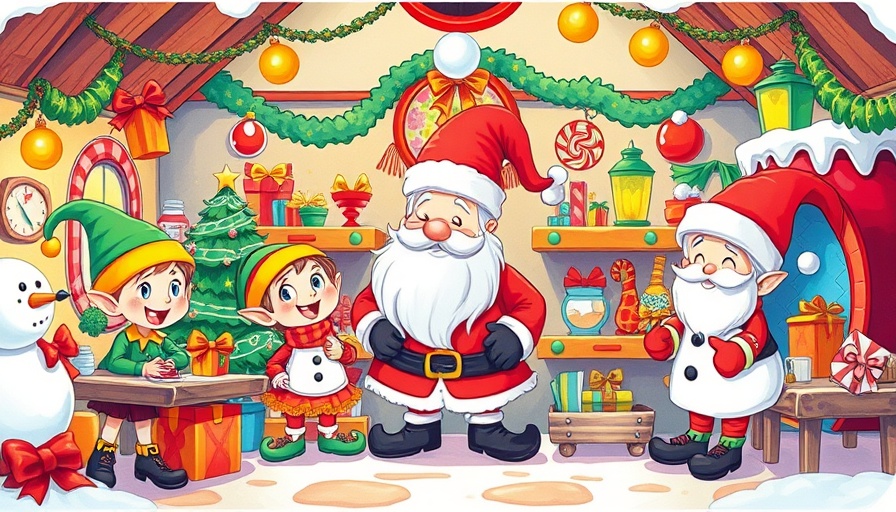 Fingerstempeln: Bunte Weihnachtswerkstatt festive cartoon illustration.