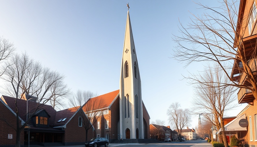 Helgoland church with unique spire under blue sky.