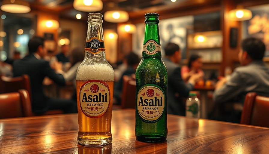 Chilled Asahi beer bottle and glass on table, lively restaurant