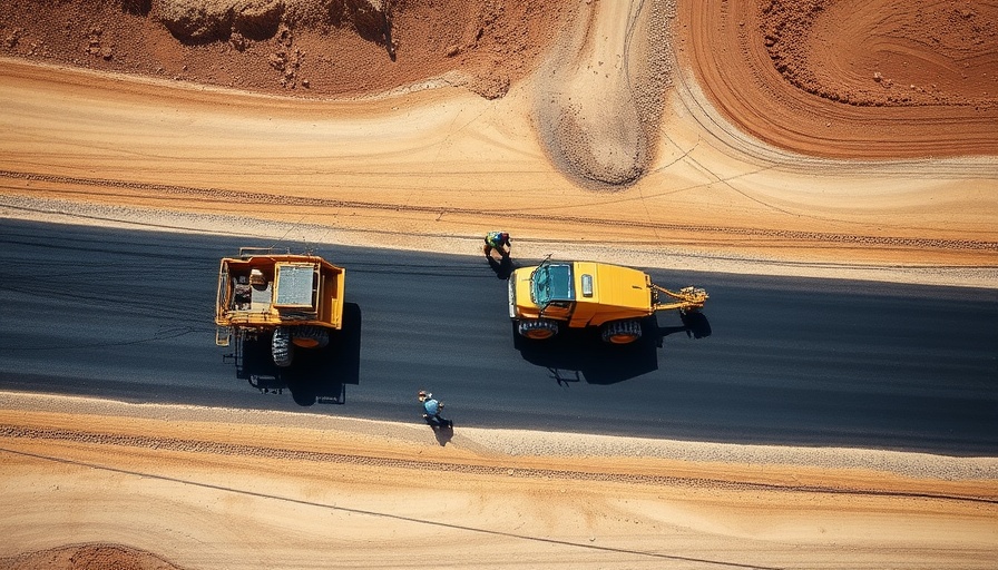 Aerial shot of construction machinery paving road, chip-milliarden für straßenbau.