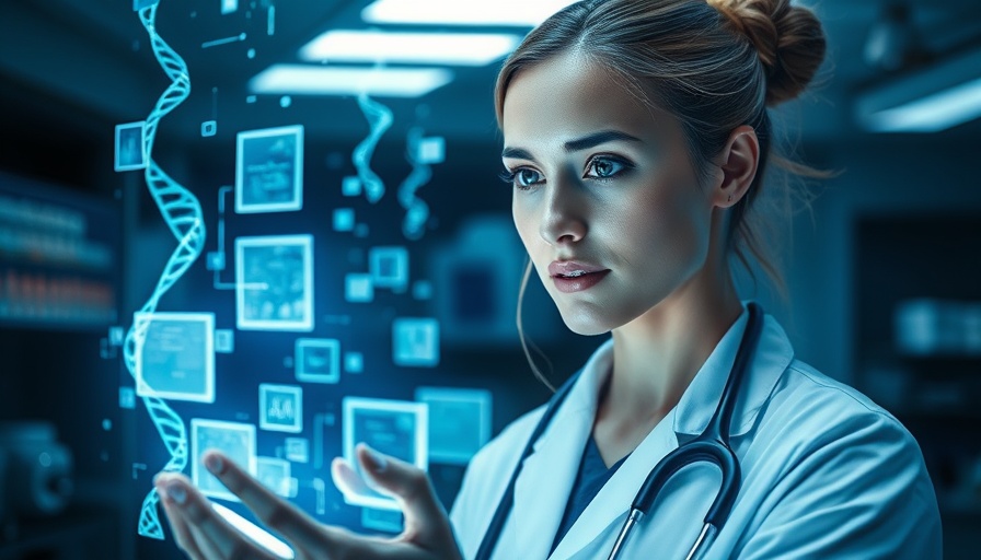 Futuristic doctor interacting with holographic data in a digital lab.