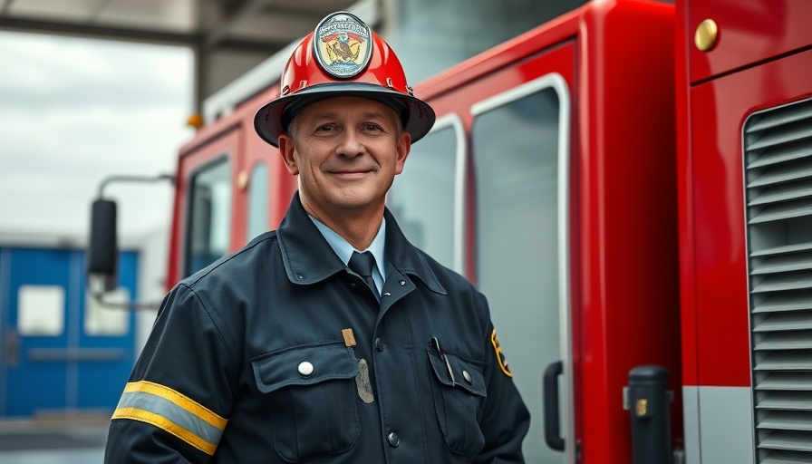 Firefighter in uniform at fire station for Sozialfonds für Feuerwehrleute.