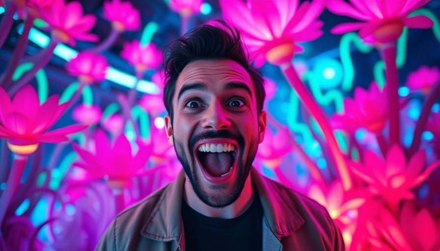 Man exploring neon fantasy world in OpenAIs Sora-App.
