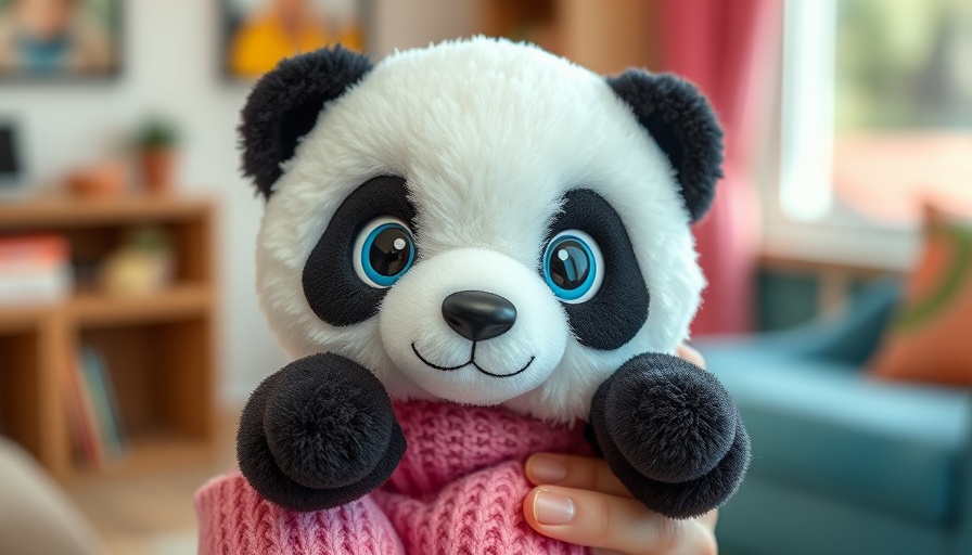 Interactive FurReal Coco panda toy being held indoors.