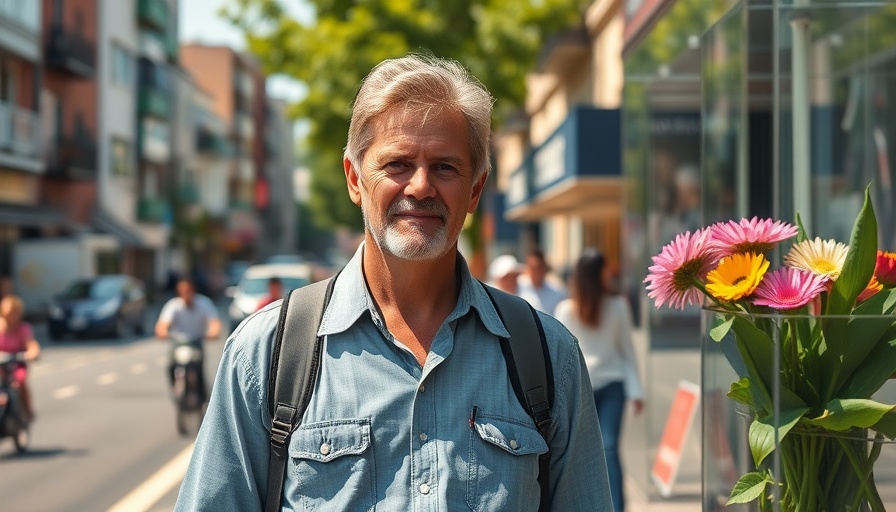 Sylt abgerockt scene, man standing confidently in sunny street.