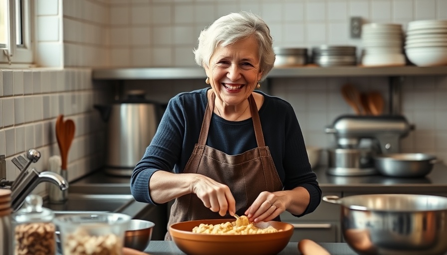 Cheerful older woman cooking in the kitchen, focusing on Ruhestand und Lebensqualität im Alter.