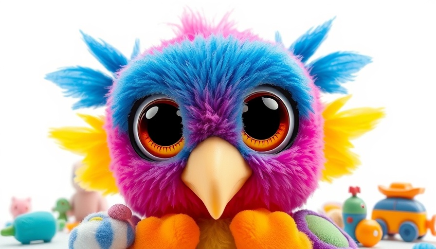 Interaktives Spielzeug für Kinder: bunter Plüschvogel mit Zubehör.