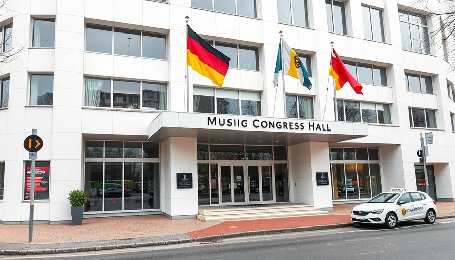 Modern music and congress hall entrance in Lübeck with flags.