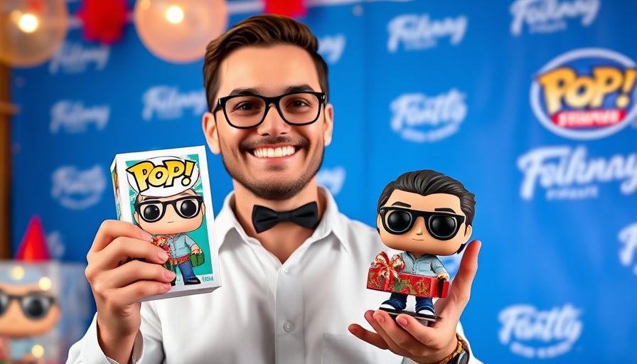Smiling man with custom Pop! Yourself figure wearing glasses, lively background.
