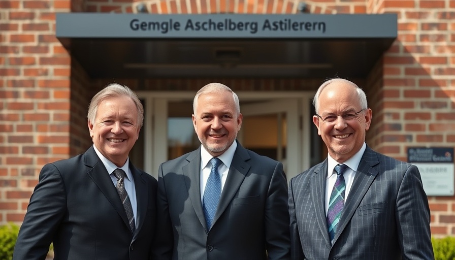 Three people outside Gemeinde Ascheberg office, smiling in daylight.