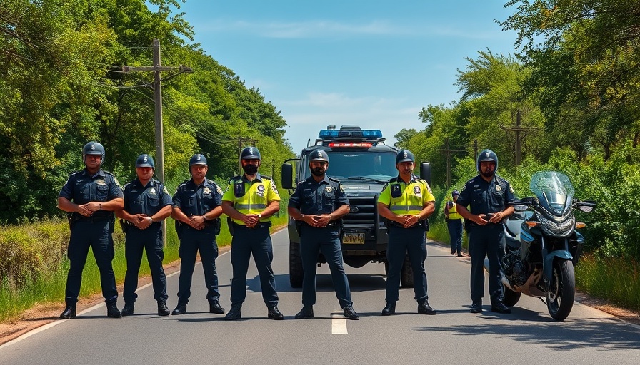 Police officers with protest bus on rural road, Adenauer Protestbus.