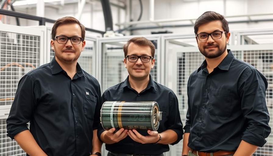 Technicians with high-voltage battery casings in industrial lab.