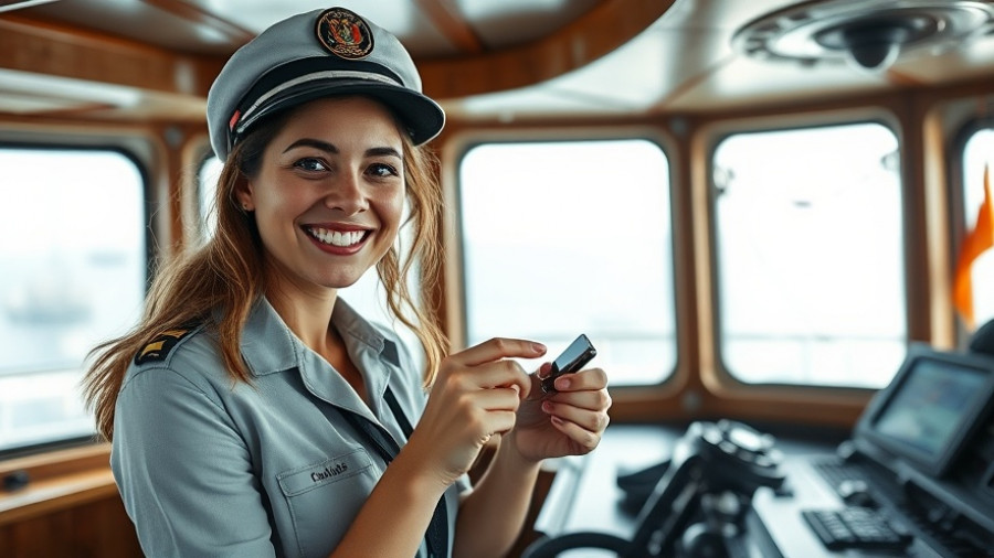 Kapitänin der Lübecker Bucht holding keys on a ship with a smile.