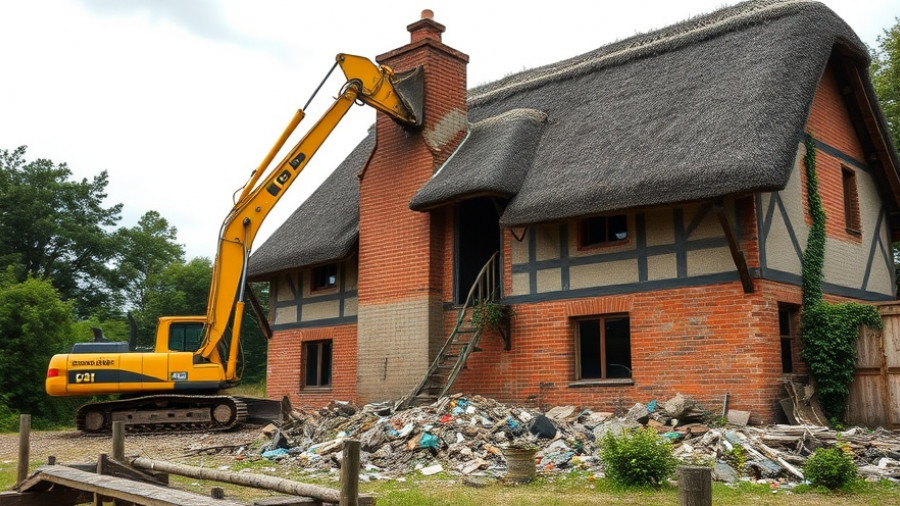Rauchfang Abriss Sylt: Excavator demolishing a thatched house chimney