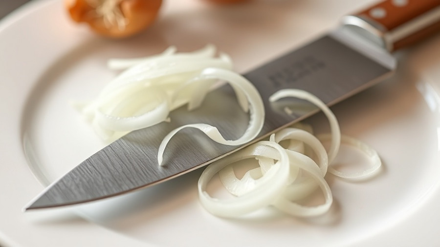 Sharp kitchen knife with sliced onions on a white plate