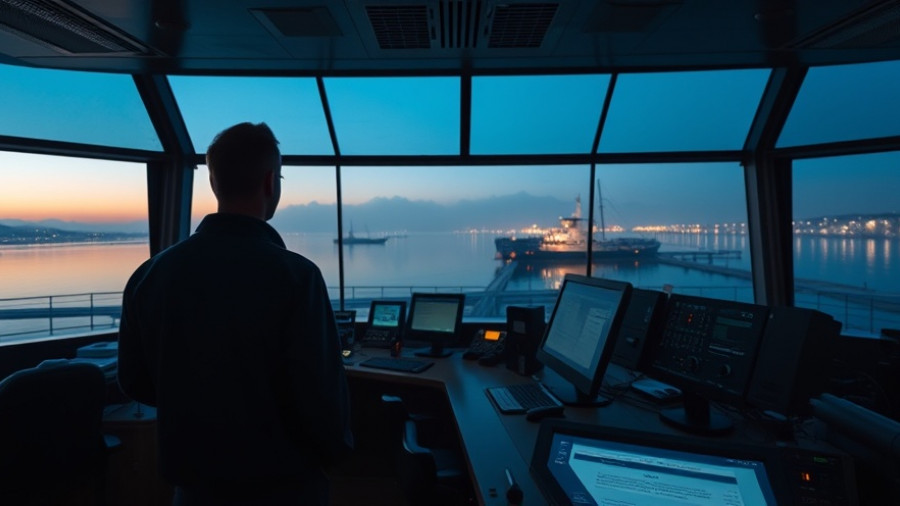Early morning harbor view from control room in Hamburg
