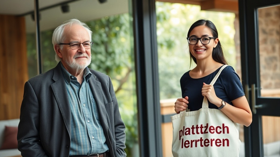 Plattdeutsch lernen: Elderly man in modern room, young woman with tote bag.