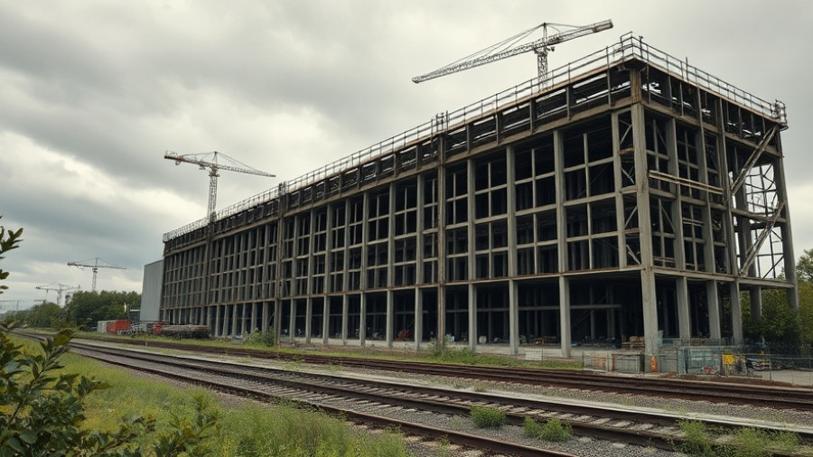 Industrial construction near train tracks in US Megaprojekt dispute scene.