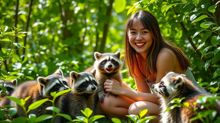 Karriere im Tierschutz: Woman with raccoons in a lush garden.