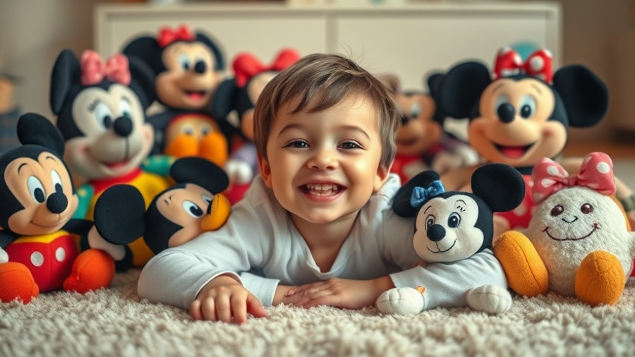 Child with Disney Doorables plush toys on carpet.