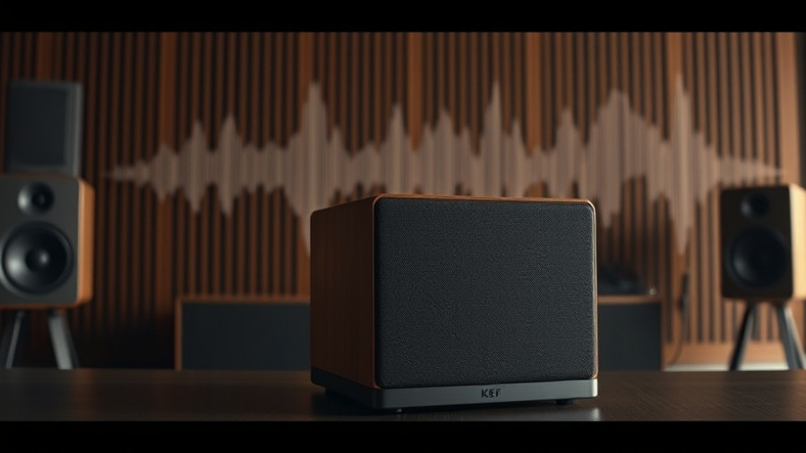 KEF Coda W speakers with sound waves in a modern setting.