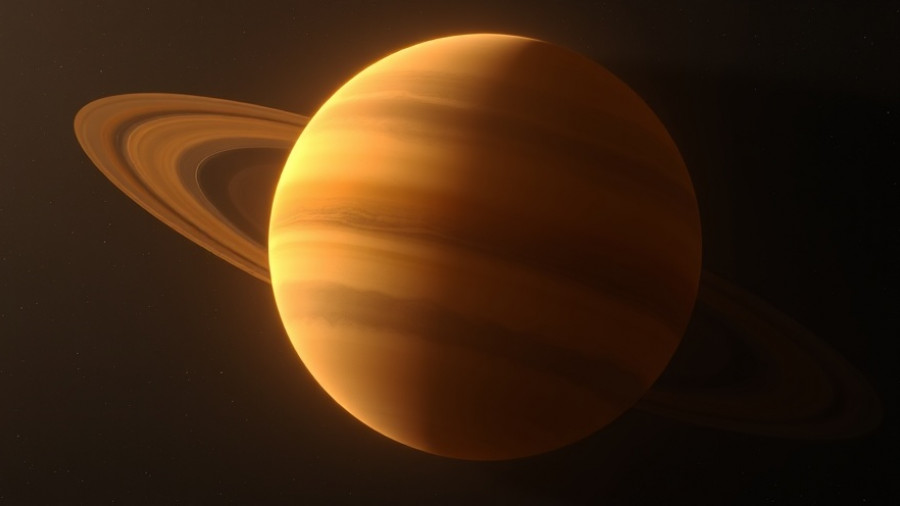 Cinematic view of Saturn's moon Titan with hazy atmosphere.