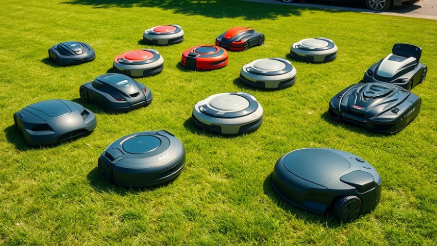 Diverse robotic lawn mowers on grass, Mähroboter ohne Begrenzungskabel