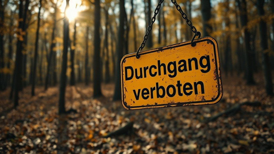 KI-Bot-Blocker image with 'Durchgang verboten' sign in forest setting.