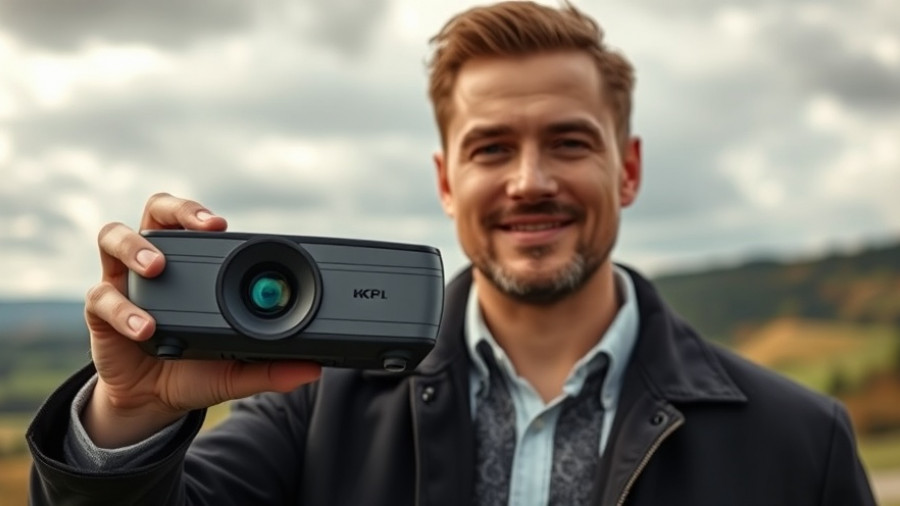 Man presenting Epson Lifestudio Flex 4K-Beamer outdoors.
