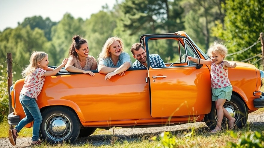 Fröhliche Familie mit orangefarbenem Trabant bei Familientreffen in der Natur. DDR Fahrzeuge erleben!