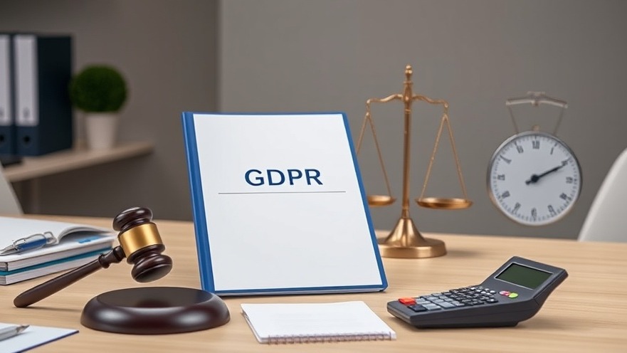 Minimalistic office desk featuring a GDPR folder, gavel, scales, and calculator.