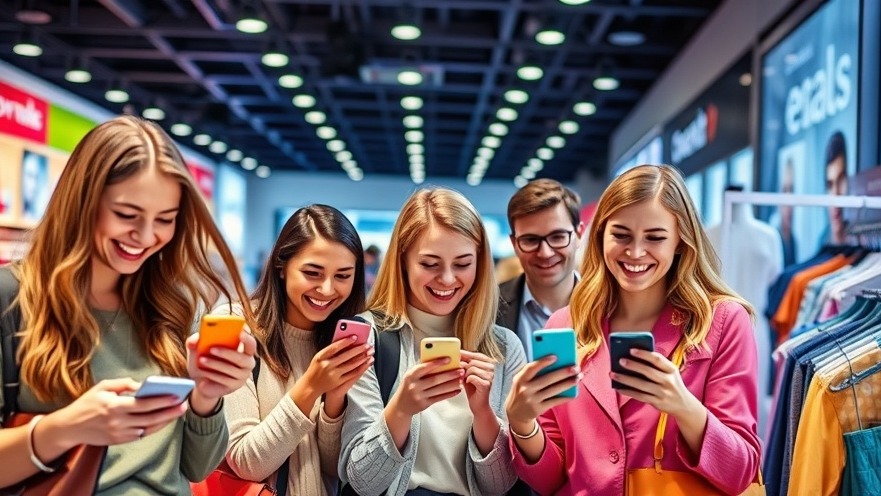 Diverse shoppers joyfully using loyalty apps in a vibrant retail setting.
