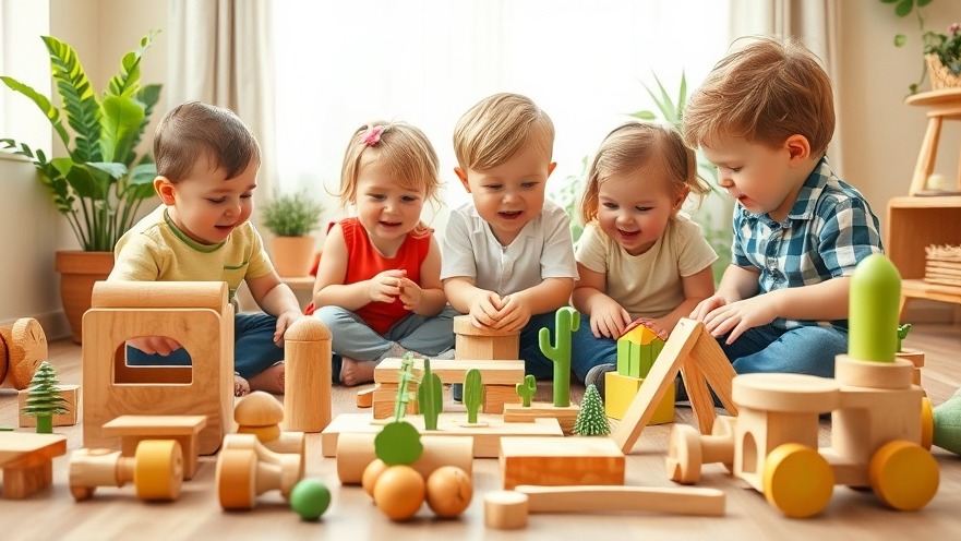 Spielende Kinder mit nachhaltigen Holzspielzeugen in einer einladenden, natürlichen Umgebung.