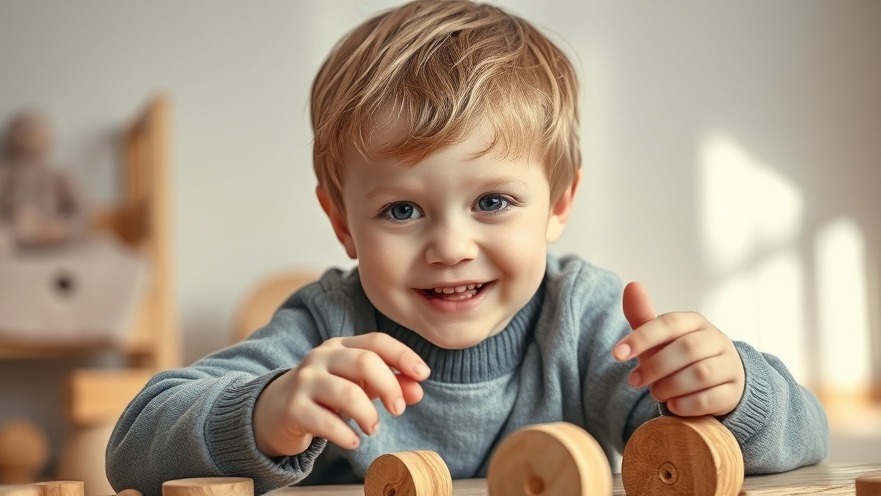 Kleines Kind spielt glücklich mit pädogogischem Holzspielzeug, in warmem, einladendem Licht.