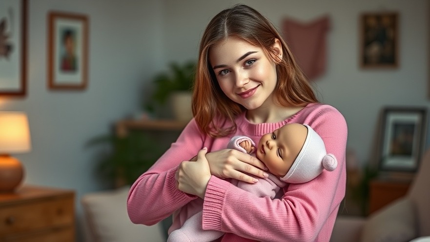 Young woman with realistic baby doll, promoting kognitive Entwicklung and soziale Fähigkeiten.