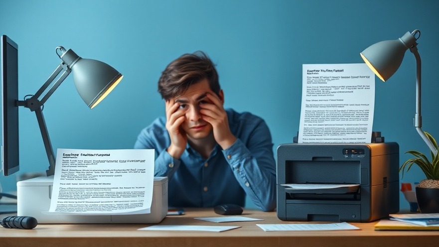 Frustrated user facing USB Drucker Probleme with garbled output amid a cluttered workspace.