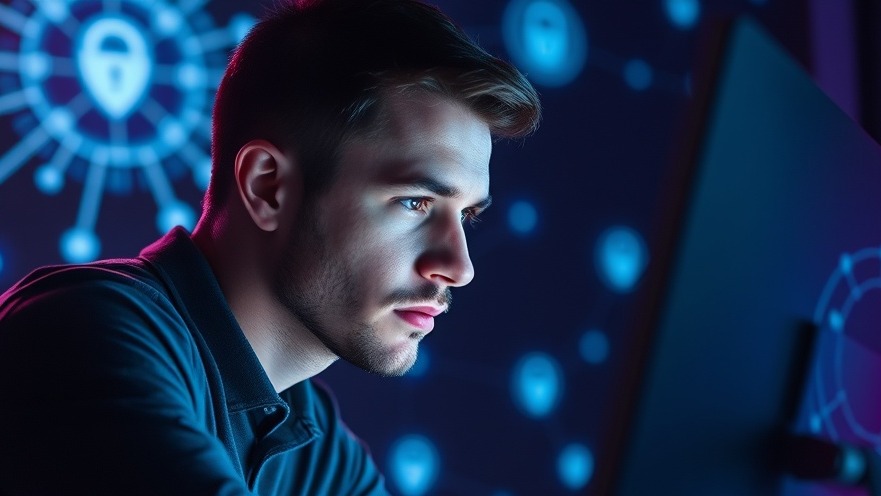 Person contemplating Datenschutz with dynamic lighting and data privacy symbols.