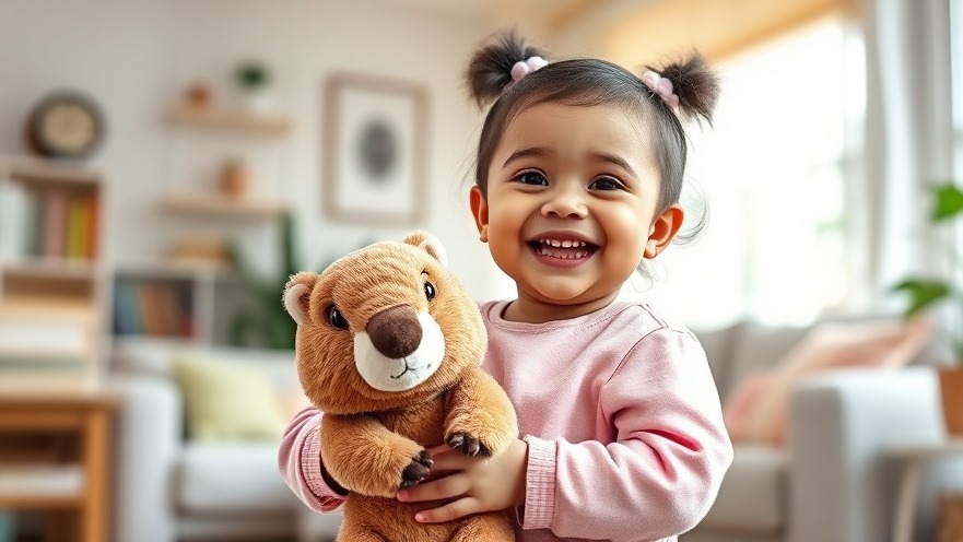 Joyful toddler with a plush capybara toy, embracing frühkindliche Förderung in a cozy living room.