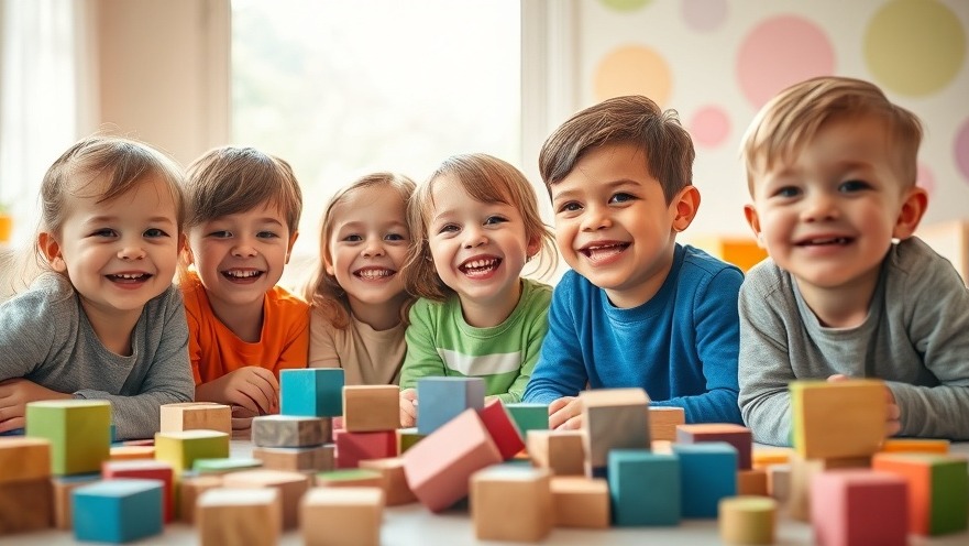 Children joyfully playing with colorful holzspielzeug in a sunlit room.
