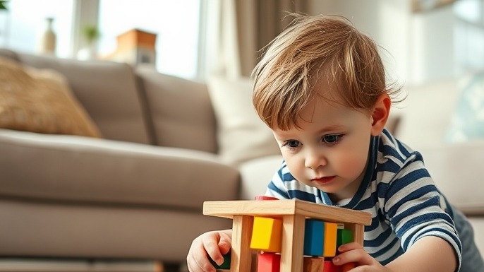 Curious child engaging with a colorful wooden activity cube, promoting kreatives Spiel.