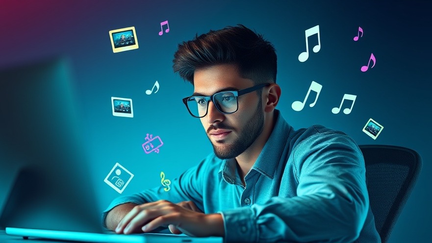 Person engaged in Multimedia-Bearbeitung, surrounded by vibrant editing tools.