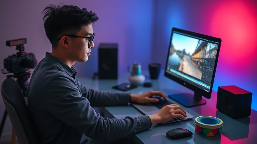Videobearbeitung mit KI-Videostabilisierung, kreativer Videoeditor am Laptop.