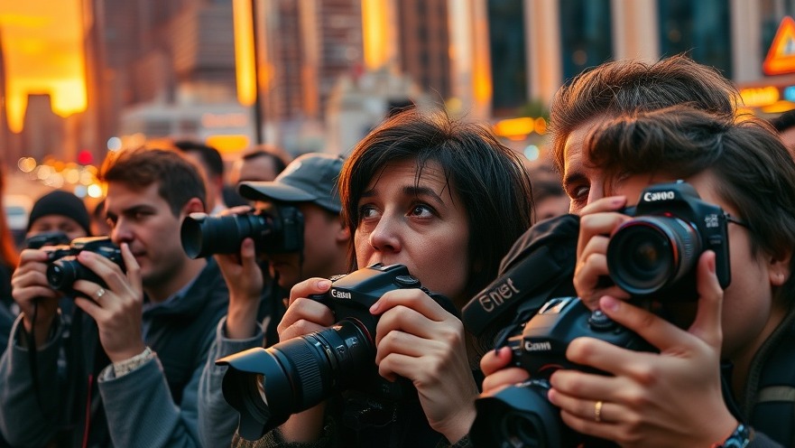 Professionals delight in Canon cameras, showcasing Kameraindustrie passion during a sunset.