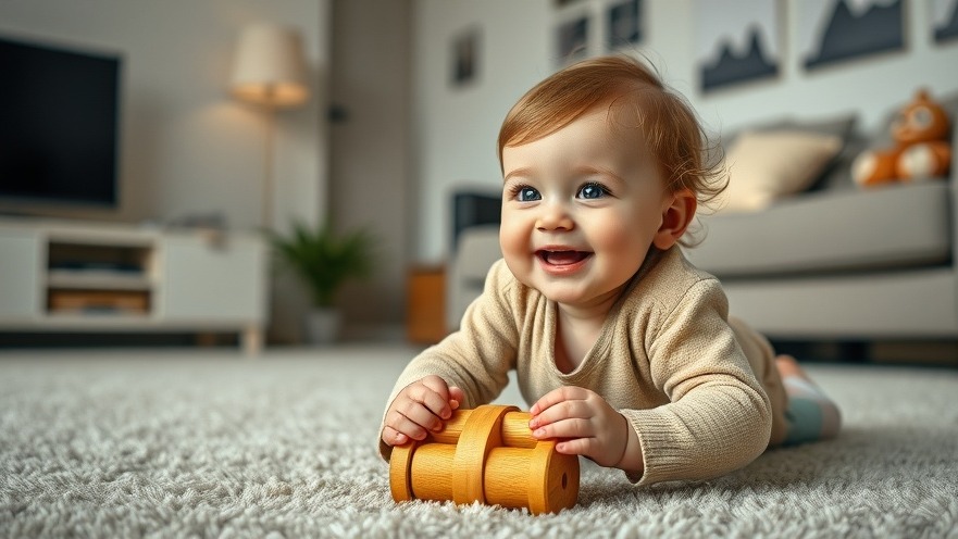 Curious toddler exploring hochwertige Spielzeuge, enhancing soziale Fähigkeiten with bright wooden toy.
